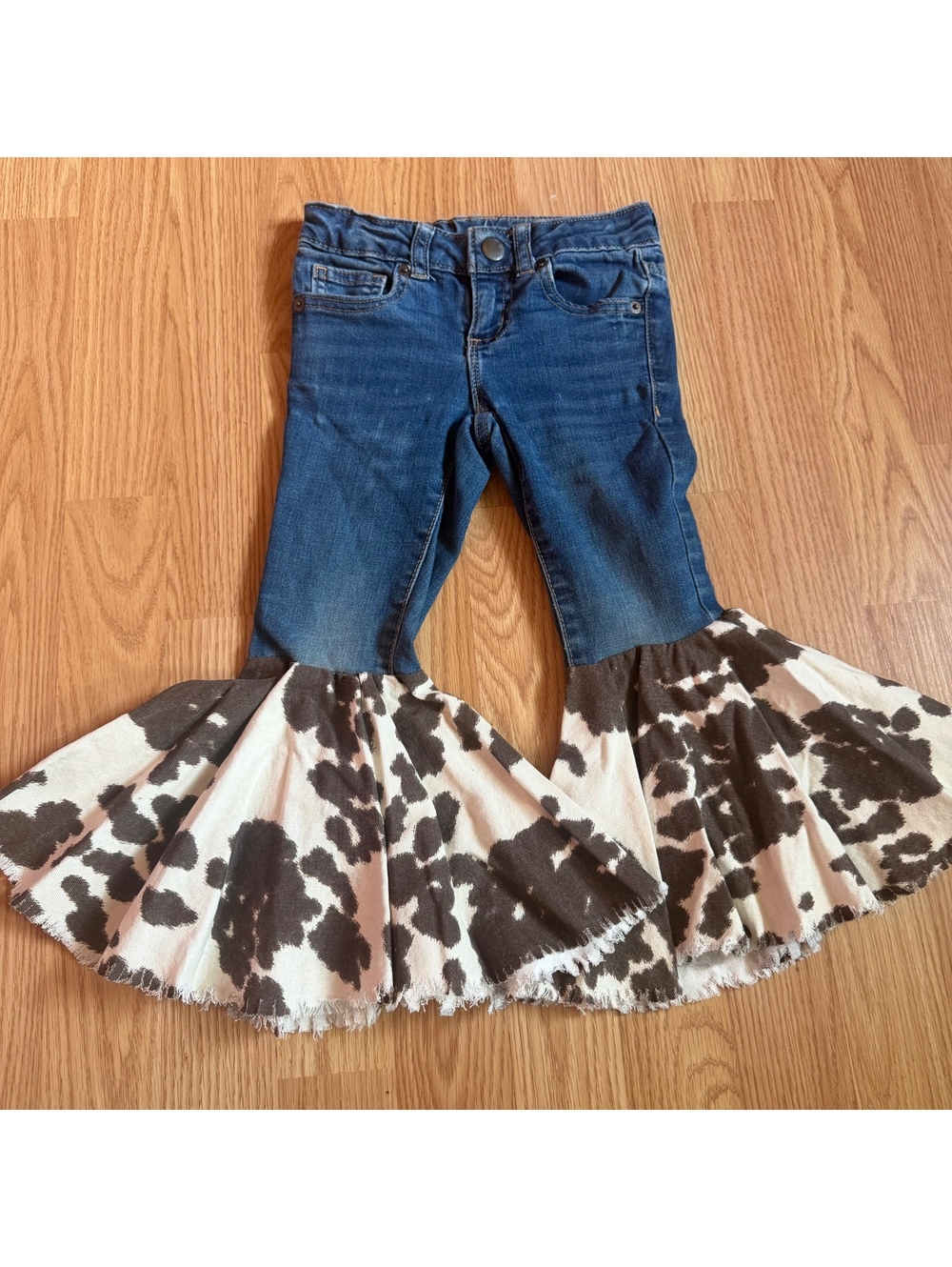 Girls Size 5 Blue Jean Cow Print Bellbottoms Handmade Upcycled